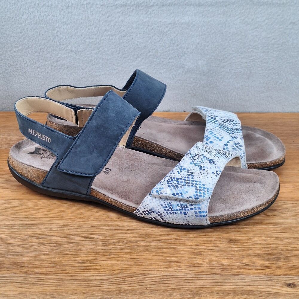 Mephisto Agave Women's 9.5 EU 40 Sandals Denim Blue Snakeskin Suede Comfort